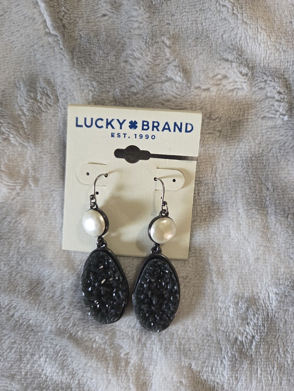 Lucky Brand Black Druzy and Pearl Drop Earrings with Hematite Finish